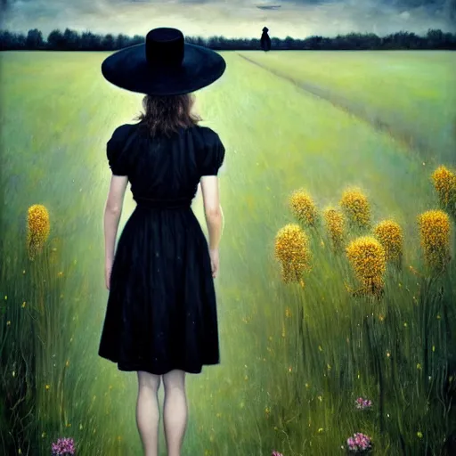 Image similar to a girl standing in a field, wearing black old dress and hat, by andrea kowch, andrea kowch style painting, dark, scene, magicrealism, flowers in background,