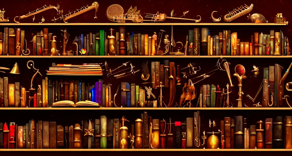 Image similar to a bookshelf of wonderful magical instruments, cinematic lighting, detailed, 4 k