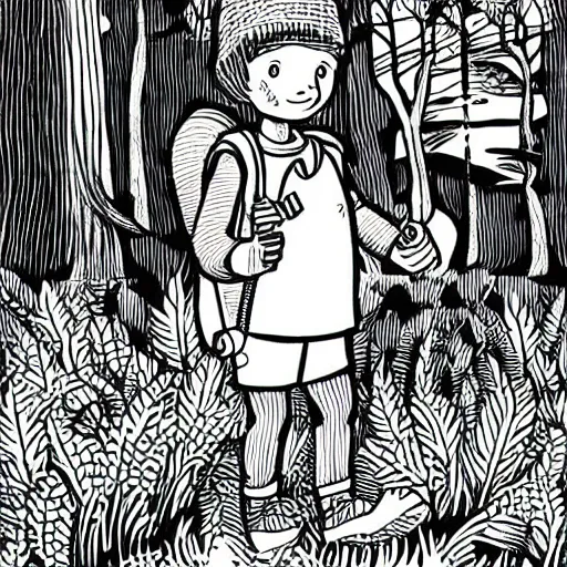 Image similar to mcbess illustration of a little boy with a blue backpack in a forest