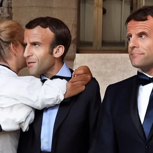 Prompt: Emmanuel Macron in a tuxedo giving a briefcase full of money to Walter White in a hazmat