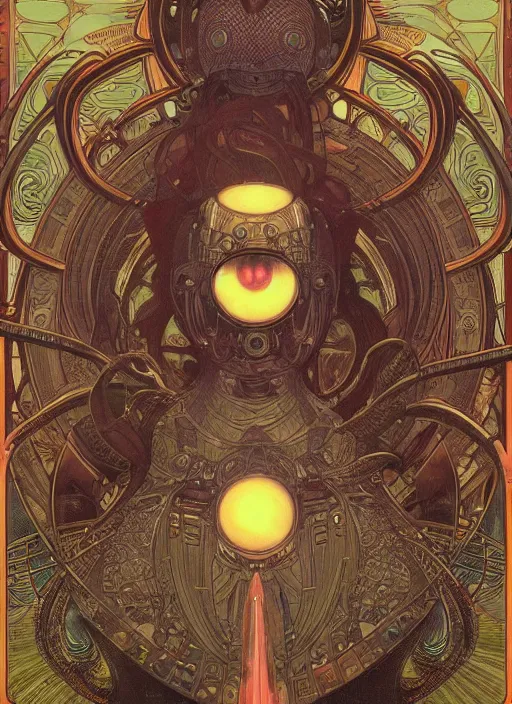 Image similar to retro robot glowing reptile eyes, alphonse mucha, shamanic poster lsd art, intricate, elegant, highly detailed, centered, digital painting, artstation, concept art, smooth, sharp focus, illustration, artgerm, tomasz alen kopera, peter mohrbacher, donato giancola, joseph christian leyendecker, wlop, frank frazetta