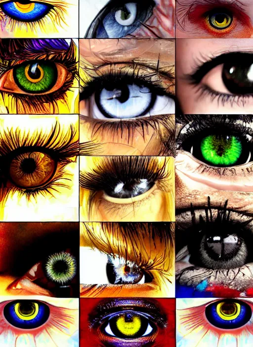 Image similar to grid montage of cube shaped eyes, cube shaped dilated pupils, cubic irises, detailed colored textures, eyelashes, advanced art, art styles mix, from wikipedia, wet reflections in cube eyes, sunshine light, hd macro photograph, from side, various eyelid positions