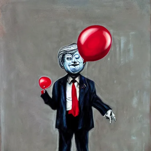 Image similar to grunge painting of donald trump with a wide smile and a red balloon by chris leib, loony toons style, pennywise style, corpse bride style, horror theme, detailed, elegant, intricate