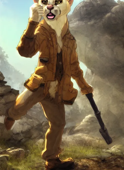 Image similar to character portrait of a (((anthro))) albino mountain lion wearing miner's clothes at the mines. hidari, color page, tankoban, 4K, tone mapping, Akihiko Yoshida.