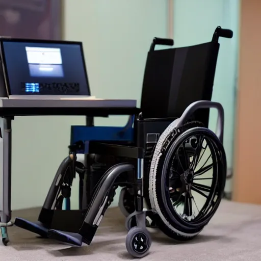 Prompt: a cyberpunk electric wheelchair with a computer stand