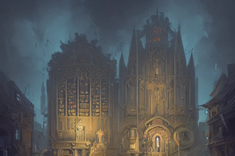 Image similar to illustration of close - up street view of pipe organ, night, ghosstly figures by peter mohrbacher, by alex andreev, by jacek yerka, large depth of field, super detailed, digital art, trending on artstation, minimalism