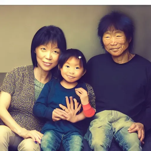 Prompt: yoko, charlize, and eddie as a family, trending on unsplash!!!, 4 k photorealism, family photo!!