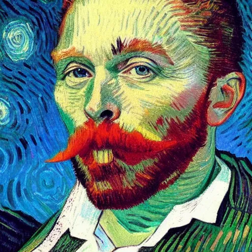 Prompt: a beautiful portrait of elon musk with a big moustache by Vincent Van Gogh. impasto oil painting