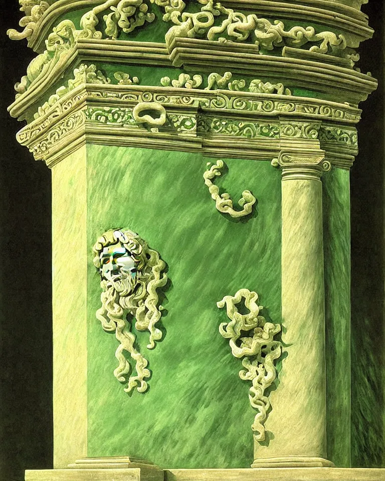 Image similar to achingly beautiful painting of intricate ancient roman corinthian capital on jade background by rene magritte, monet, and turner. giovanni battista piranesi.