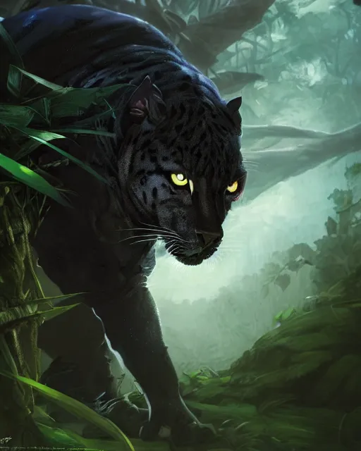 Prompt: Panther warrior in armor sneaking in jungle, portrait, dark fur, glowing eyes, magic the gathering artwork, D&D, fantasy, cinematic lighting, centered, symmetrical, highly detailed, digital painting, artstation, concept art, smooth, sharp focus, illustration, volumetric lighting, epic Composition, 8k, art by Akihiko Yoshida and Greg Rutkowski and Craig Mullins, oil painting, cgsociety