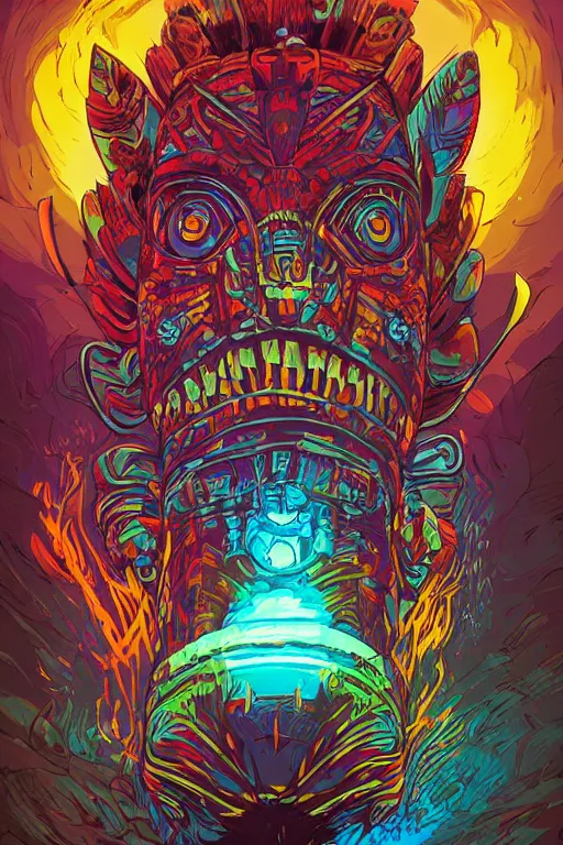 Image similar to totem animal tribal chaman vodoo mask feather gemstone plant wood rock video game illustration vivid color borderlands by josan gonzales and dan mumford radiating a glowing aura