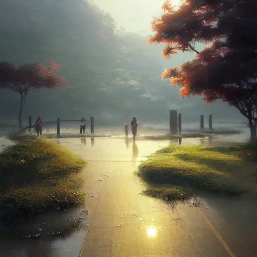 Prompt: walking around misumi west port and manda pit, kumamoto, japan. volumetric lighting, dew, spring morning, slight overcast weather, realistic illustration, perfectly shaded, soft painting, art by krenz cushart and wenjun lin