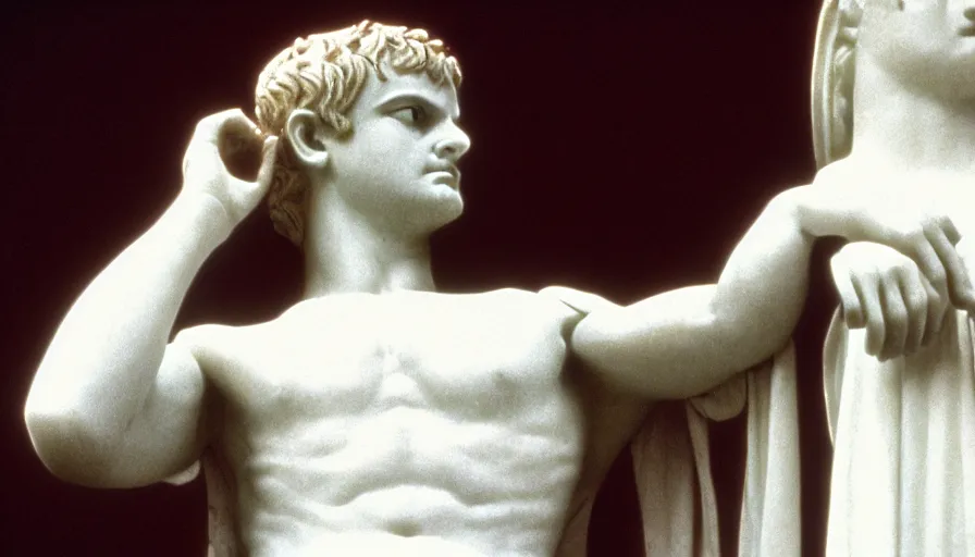 Prompt: 1 9 6 0 s movie still close - up of caligula in white toga stabbed by senators on marble stairs, cinestill 8 0 0 t 3 5 mm, high quality, heavy grain, high detail, dramatic light, anamorphic, detailed beard