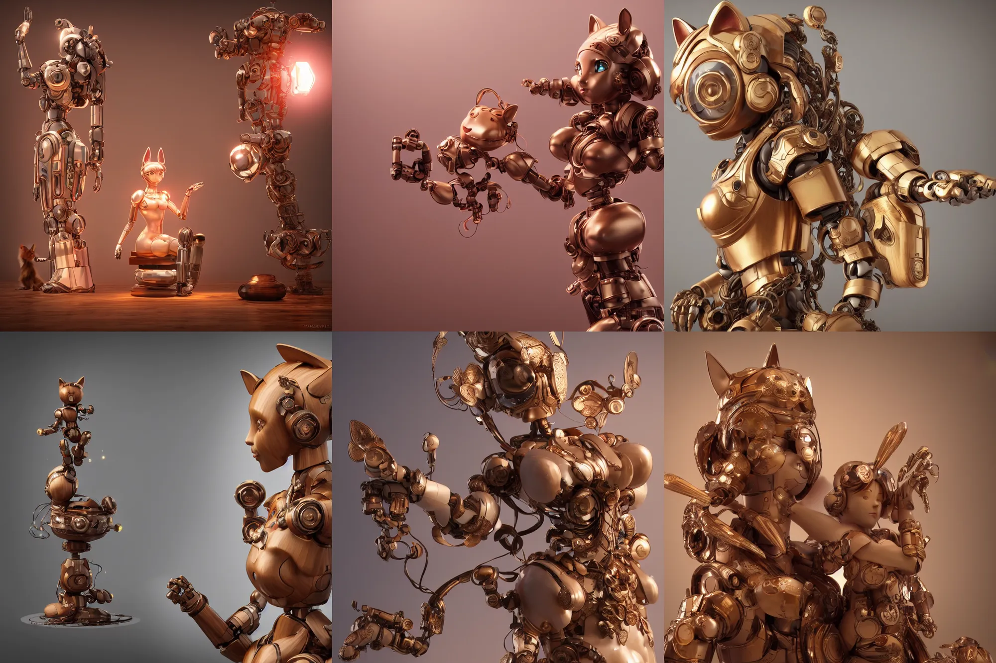 Prompt: 3 d octane render, ultra photorealistic, 8 k hyper detailed image unreal engine, a beautiful wood statue of a cute figurine of a robot wood with cat ears on, a magic cloud, cyberpunk, alphonse mucha