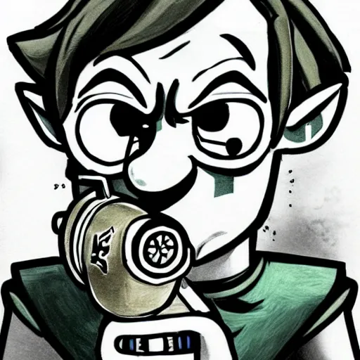 Prompt: portrait of link from zelda drinking from cuphead from video game