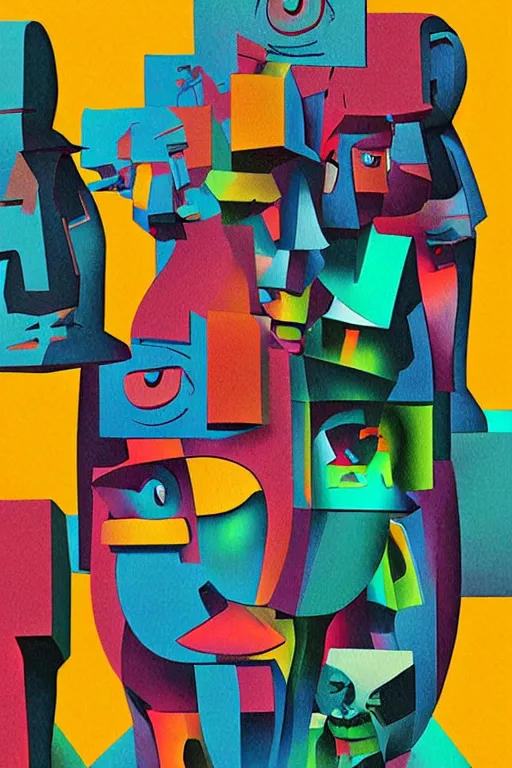 Image similar to cubist moai statue cutout digital illustration cartoon colorful beeple