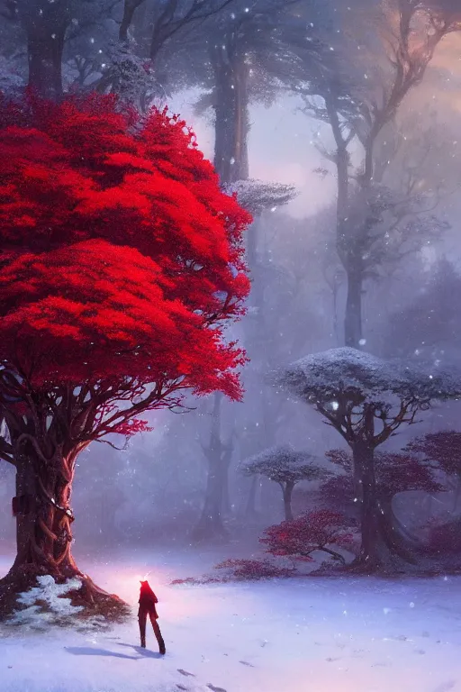 Image similar to giant tree in snow with red flowers, unreal engine, fantasy art by greg rutkowski, loish, rhads, ferdinand knab, makoto shinkai and lois van baarle, ilya kuvshinov, rossdraws, tom bagshaw, global illumination, radiant light, detailed and intricate environment