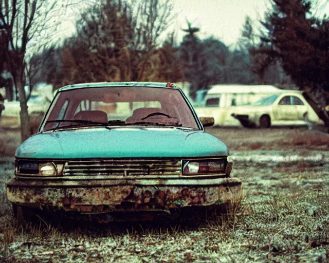 Image similar to a lomographic photo of old lada 2 1 0 7 standing in typical soviet yard in small town, hrushevka on background, cinestill, bokeh