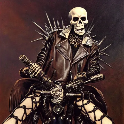 Image similar to a portrait of the grim reaper as a punk rocker, punk, skeleton face, mohawk, dark, fantasy, leather jackets, spiked collars, spiked wristbands, piercings, boots, guitars, motorcycles, ultrafine detailed painting by frank frazetta and vito acconci, detailed painting