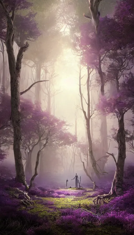 Image similar to hyper realistic 3 d render of a future sci - fi ancient god on the middle of a forest with a lot of purple trees holding a portal that's about to explode, fog, volumetric lighting, sunny day, by greg rutkowski and diego velazquez