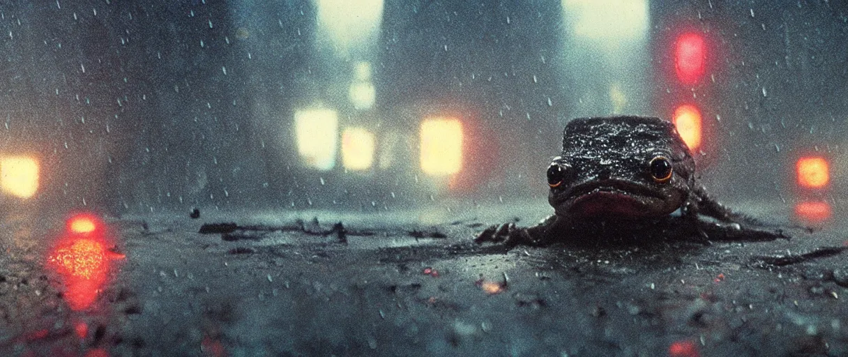 Image similar to Close up of a happy Lepidobatrachus laevis facing the camera in a still from the movie Blade Runner (1982), high quality, rain, rain drops, cold neon lighting, 4k, night, award winning photo, beautiful