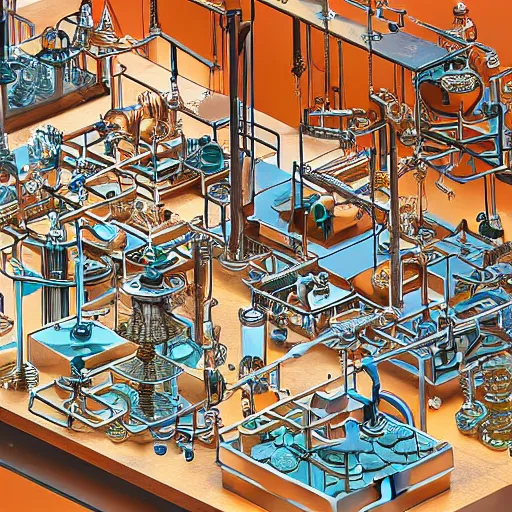 Prompt: isometric view of a large rube goldberg machine made of copper and glasswork, intricate mechanisms, rivets, glass vials, glass bulbs, beautiful