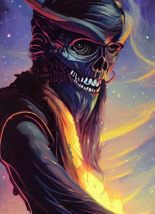 Image similar to portrait of space pirate, night sky background, coherent! by brom, deep color, strong line, high contrast