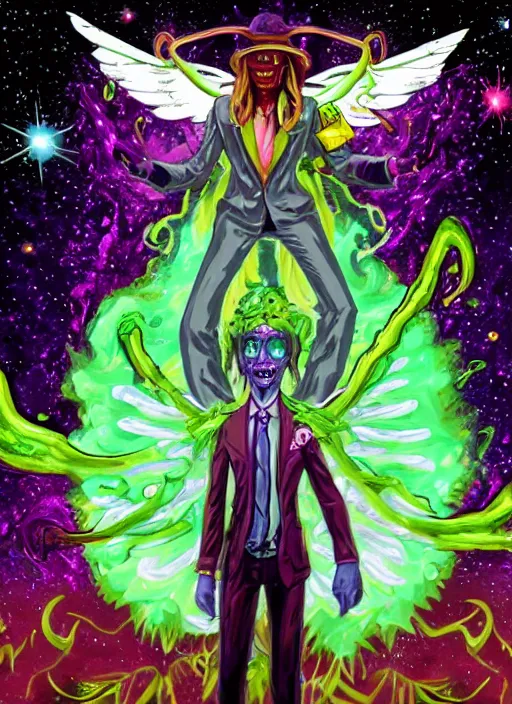 Image similar to a suited zombie angel spirit being, covered with pastel glitter glue slime, fashion model pose, full body maximalist cosmic eldritch character design, early computer graphics by dan mumford, surrounded by stars and jester plushies, realistic light and shadow effects, maximalist background