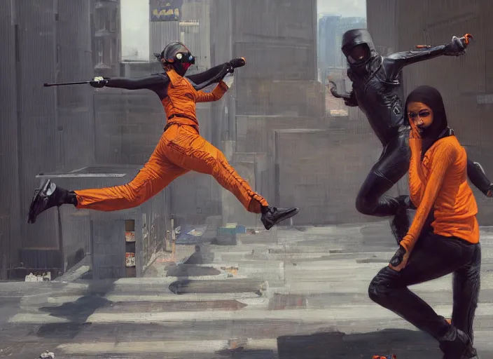 Prompt: Maria igwe evades sgt Nash. Cyberpunk hacker in orange jumpsuit escaping menacing police troopers (blade runner 2049). beautiful face. Rooftop free running. Orientalist portrait by john william waterhouse and James Gurney and Theodore Ralli and Nasreddine Dinet, oil on canvas. Cinematic, hyper realism, realistic proportions, dramatic lighting, high detail 4k