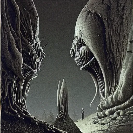 Prompt: aliens from the second edition of barlowe's guide to extraterrestrials, highly detailed, photorealistic, artstation, artwork by beksinski and moebius and h r giger and carl spitzweg