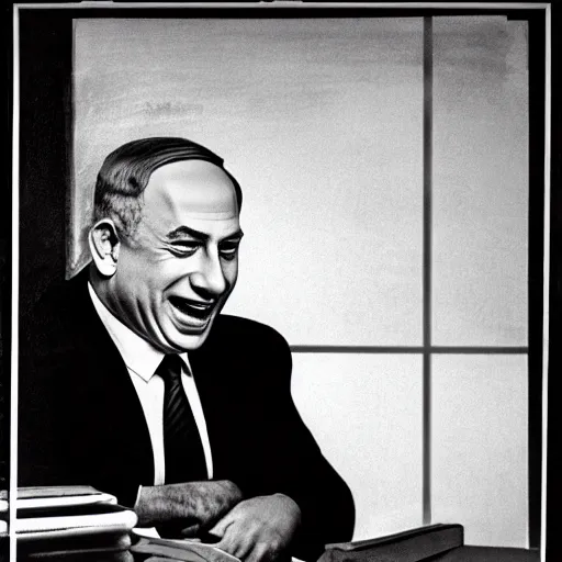 Image similar to benjamin netanyahu laughing at computer screen, in office, alone, black background, by norman rockwell