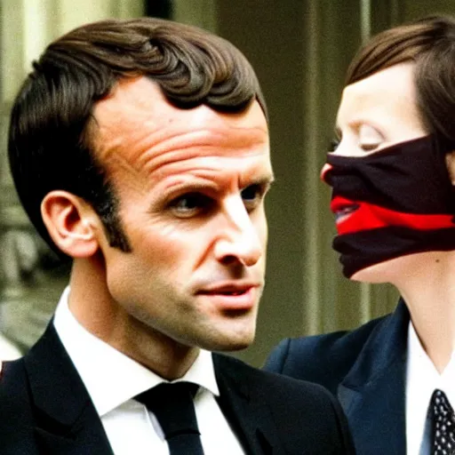 Prompt: Emmanuel Macron with a beard in American Psycho (1999)