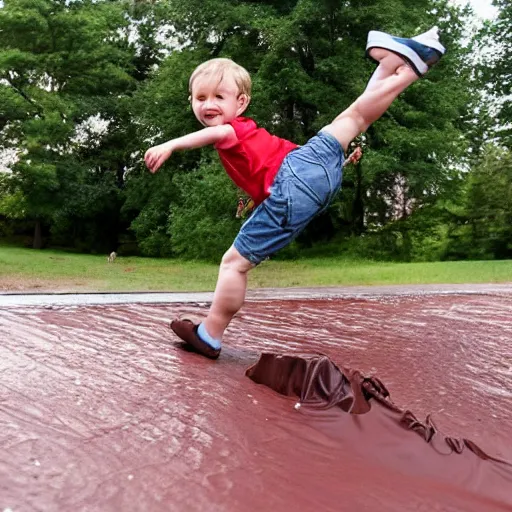 Image similar to kid going down chocolate pudding slip n slide head first, photo taken at the park