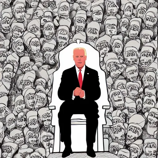 Prompt: Demon Joe Biden sitting on a throne of skulls, digital painting