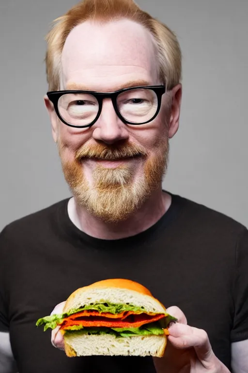 Image similar to 📷 portrait of adam savage with a sandwich head, food head, still image, high resolution, 4 k