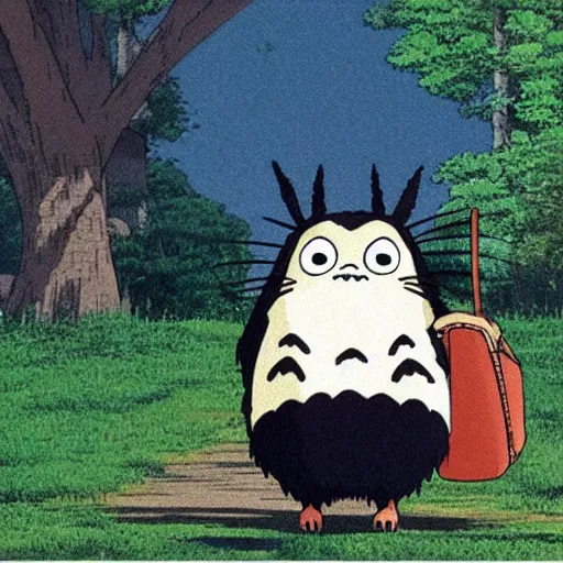 Image similar to still from studio ghibli movie My Neighbor Totoro, Hayao Miyazaki,barn owl in a black suit wearing an office bag going to the office, symetrical face