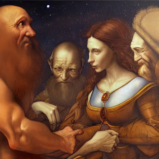 Prompt: da vinci explains how interplanetary anatomy works, oil painting, ultradetailed, artstation, ultradetailed, digital painting, ultradetailed