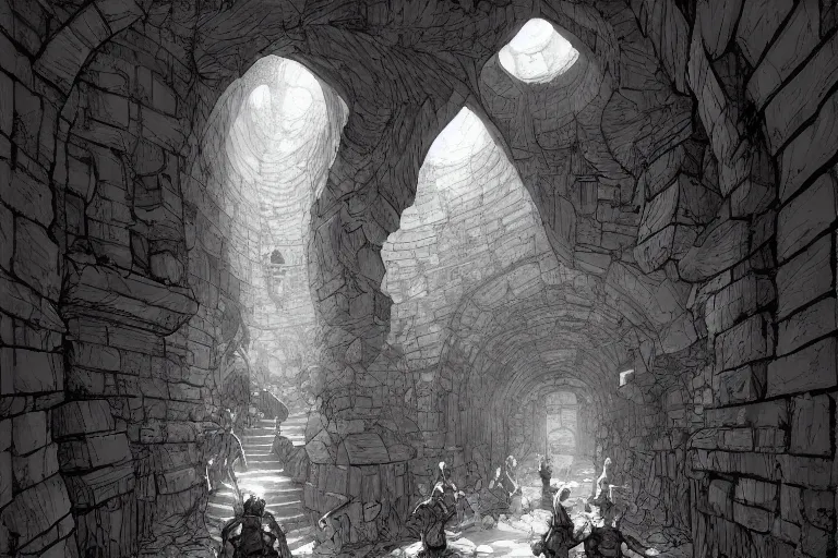 Image similar to black and white one point perspective meadhall dungeon cozy fantasy dungeon hallway view with pit in the middle of the ground by artgerm and Craig Mullins, James Jean, Andrey Ryabovichev, Mark Simonetti and Peter Morbacher 16k