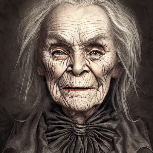 Image similar to portrait, old wrinkled witch. dark clothes. high detail, great lighting, 8k resolution, masterpiece, concept art, illustration