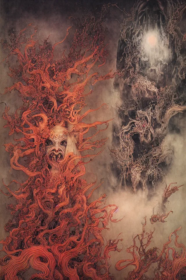 Image similar to zhongyuan festival, chinese ghost festival, king of hell, inside page of comic book, psychedelic lights and fog, in the style of zdzislaw beksinski, ayami kojima, takato yamamoto, barclay shaw, karol bak, glowing light and shadow, hyperrealist