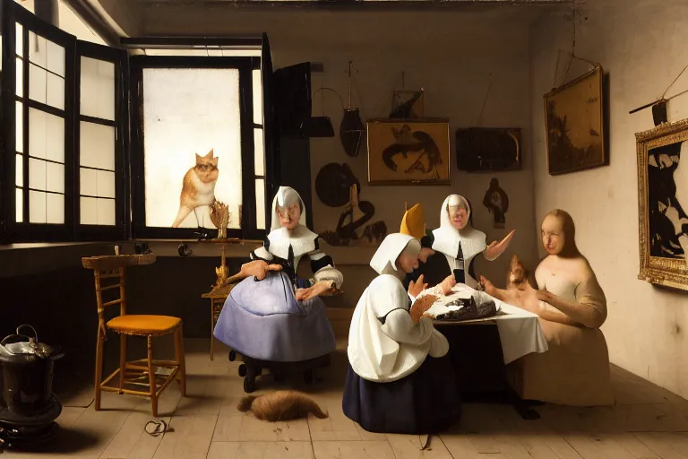 Prompt: bunch of catgirls, dlsr photography, 8 k, hyperrealism, professional studio shot, cinematic, anatomically correct, single source of light 4 5 degrees, vanitas, memento more artstyles, by pieter claesz, willem heda, jan vermeer, stunning details, ideal composition, divine proportion, intricate, fine arts journal cover