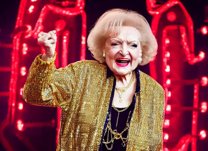 Image similar to publicity photo still of betty white as a gangsta rapper covered in gold chains, with grills in teeth and wearing a jumpsuit live on stage, 8 k, live concert lighting, mid shot