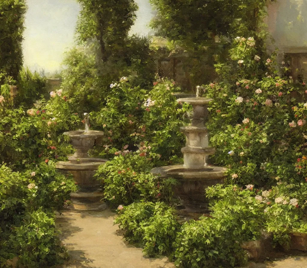 Prompt: Small garden with hedges, center fountain. history painting, artificial sun light, peaceful tiny walled garden, artstation, oil on canvas, by Albert Aublet, Private Collection