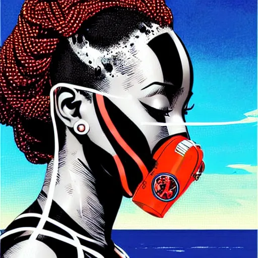 Image similar to a profile photo of a african woman with a diving oxygen mask with side profile blood in ocean intricate details by MARVEL comics and Sandra Chevrier-C