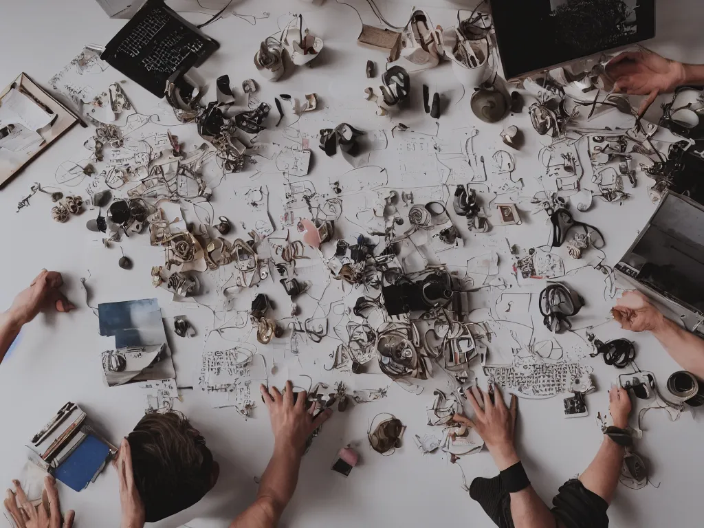 Image similar to pov candid photo of my hands at my desk, rows upon rows of perfectly organized knolled objects during sunrise in a cozy open - air design studio by james turrell, scale model floating in midair in front of me, brilliant daylight vr os ux, leica 8 k still from an a 2 4 film