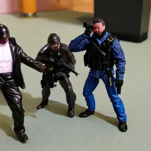 Prompt: a shootout between cops and thieves, as action figures