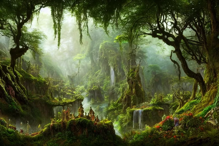 Prompt: a beautiful and highly detailed matte painting of a secret elven garden in a valley in a lush forest in the misty mountains, psychedelic, celtic, intricate details, epic scale, insanely complex, 8 k, sharp focus, photorealism, artstation, cgsociety, by caspar friedrich, albert bierstadt, james gurney, brian froud,