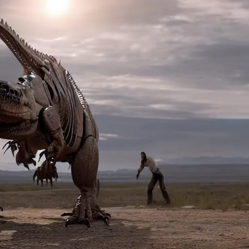 Image similar to cinematic still of westworld, si - fi robotic tyrannosaurus rex, highly detailed