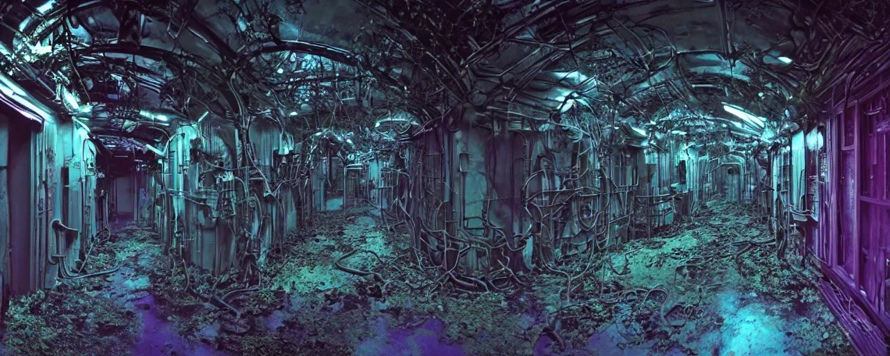 Prompt: Film still of a dimly lit corridor on an alien space ship, dark matte metal, floor grills, ventilation shafts, dusty, orange, purple and cyan lighting, water dripping, puddles, wet floor, rust, decay, vines, overgrown, alien plants, tilted camera angle, wide-angle lens vanishing point, year 3000, Cinestill colour cinematography, anamorphic, giger