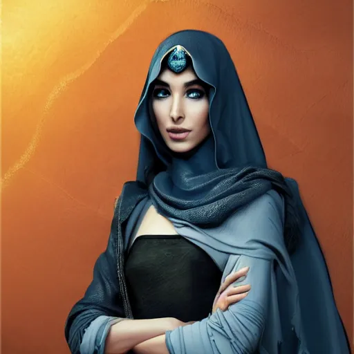 Prompt: Beautiful Arab Ameera Al taweel, blue eyes, leather, portrait, fantasy, medieval, oil colors, elegant, concept art, sharp focus, beautiful face, digital art, Hyper-realistic, 4K, Unreal Engine, Highly Detailed, HD, Dramatic Lighting by Brom, by beeple, studio ghibli, wallpaper, highly detailed, trending on artstation